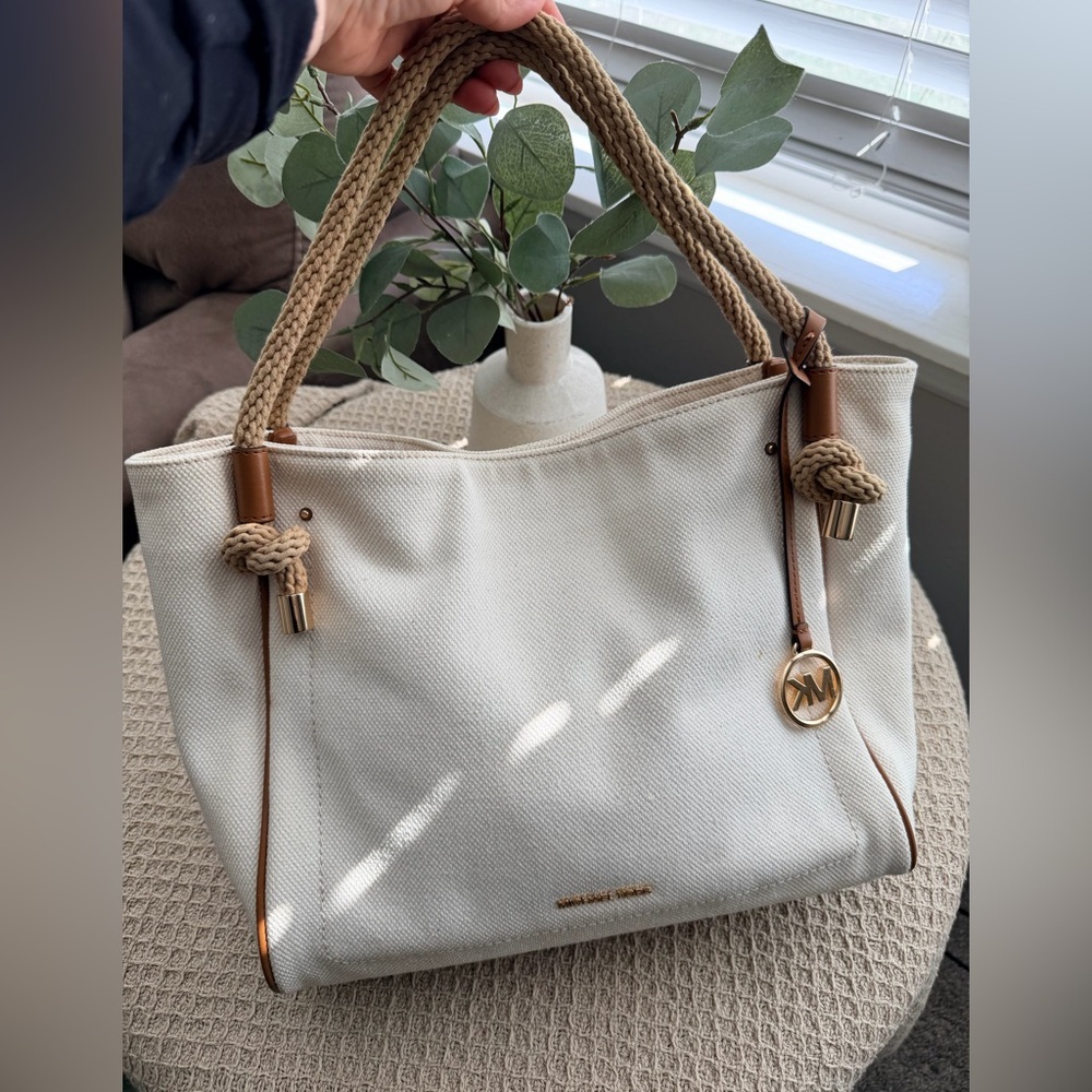 Michael Kors Cream Canvas Tote with Tan Accents